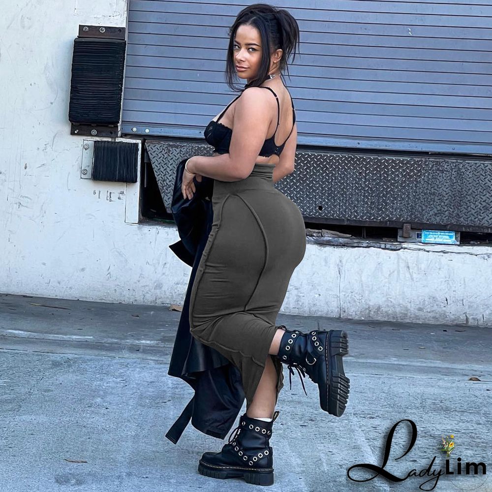 Women's Fashion Solid Color High Waist Elastic Tummy Control Patchwork Car Trim Maxi Dress