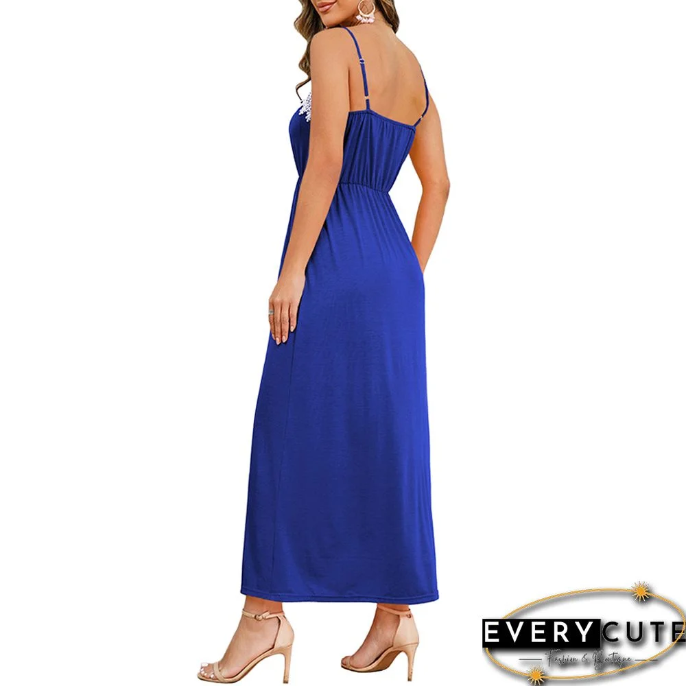 Blue Spliced Lace Trim Spaghetti Straps Dress
