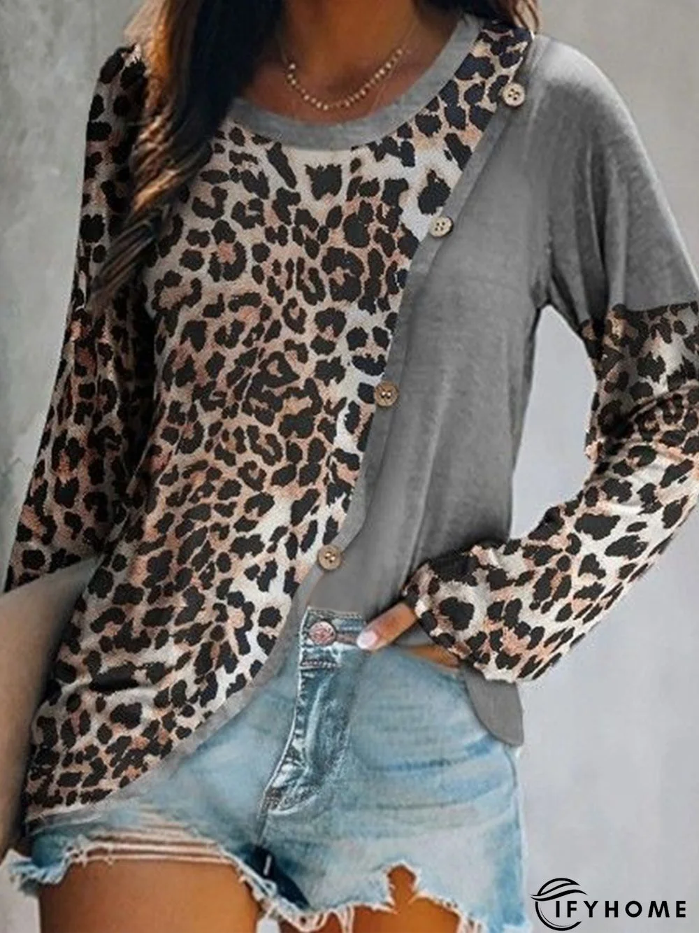 Color-block Leopard Long Sleeve Crew Neck Buttoned Casual Tunic Top | IFYHOME