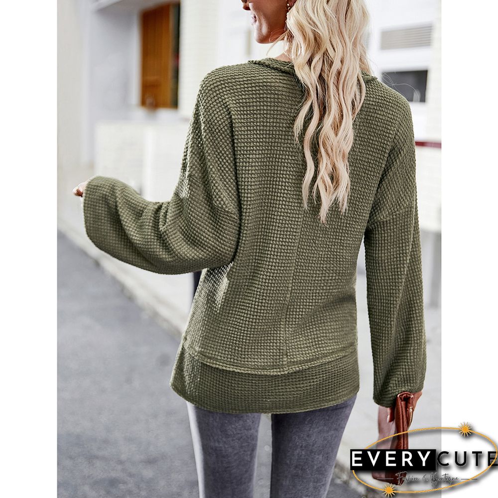 Army Green V Neck Waffle Pocket Long Sleeve Tops