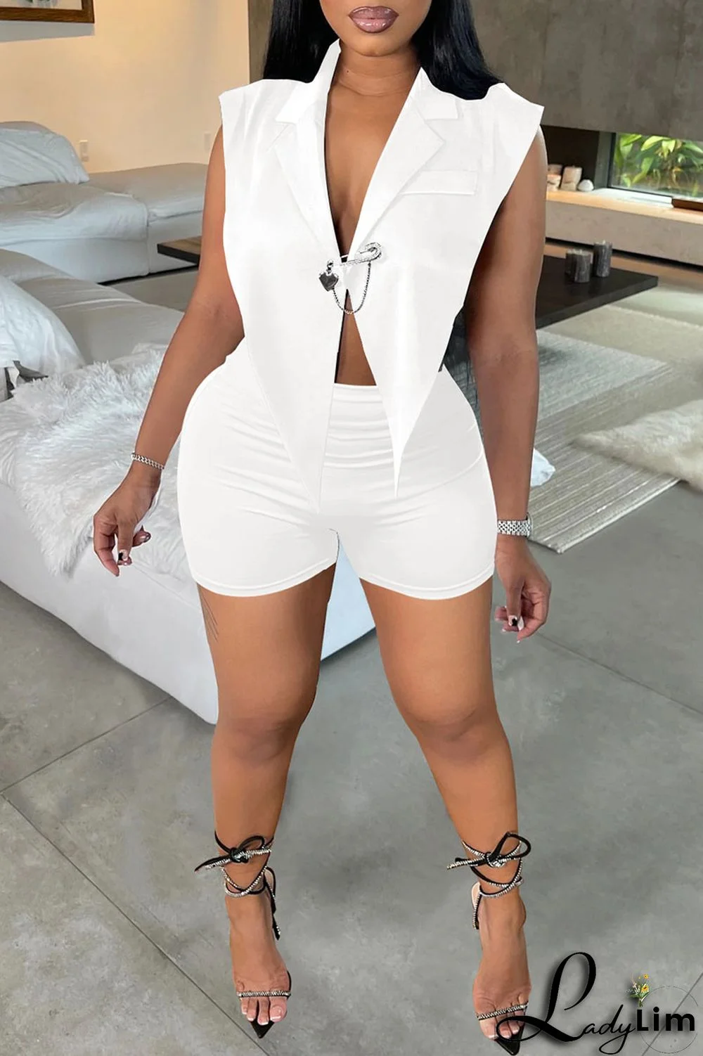 Black Sexy Solid Backless Asymmetrical V Neck Sleeveless Two Pieces