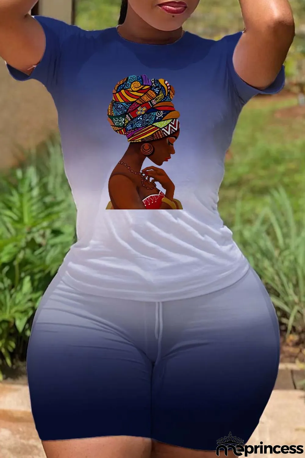 Black Casual Gradual Change Print Basic O Neck Short Sleeve Two Pieces