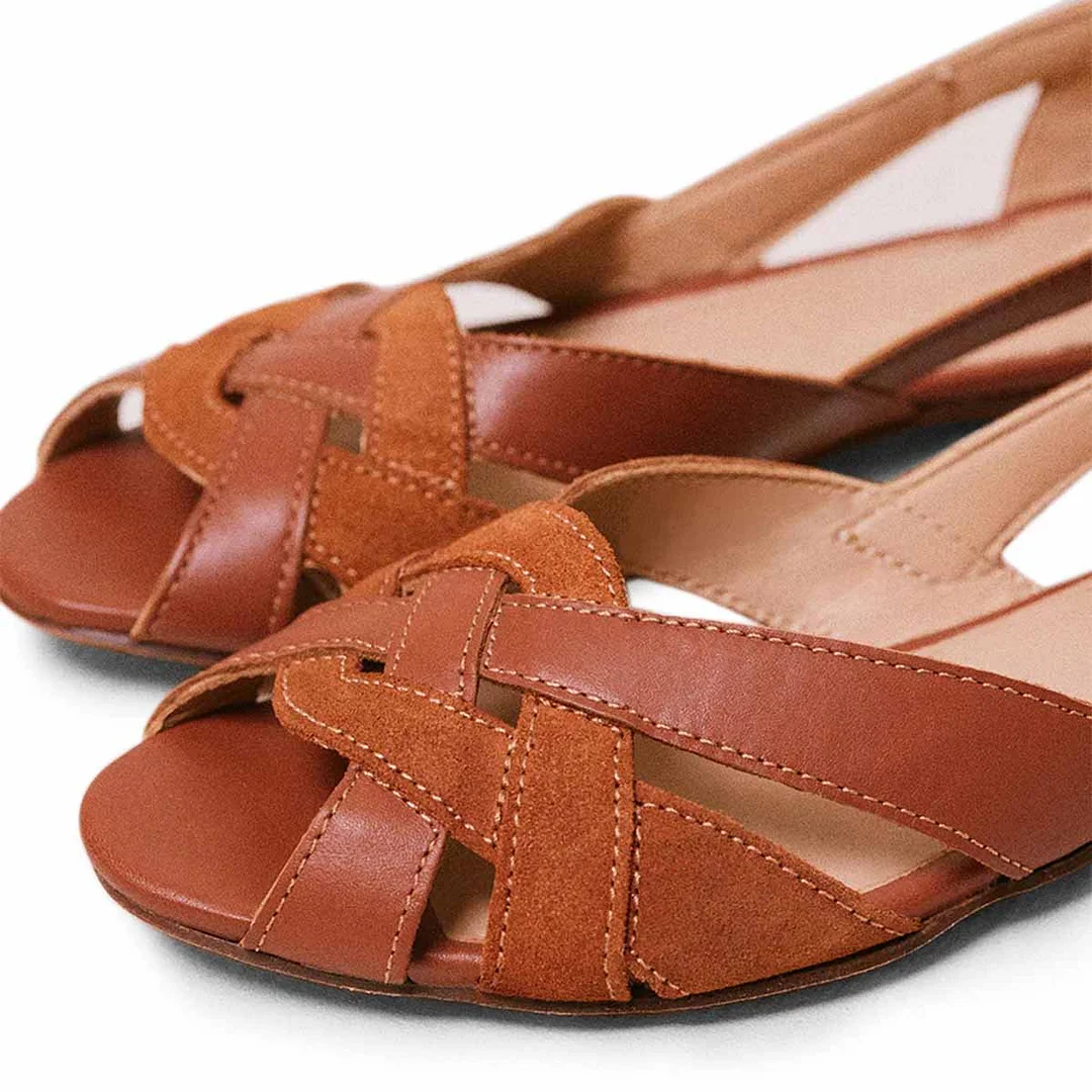 Brown Patchwork Peep Toe Woven Cut-Out Flat Sandals for Women