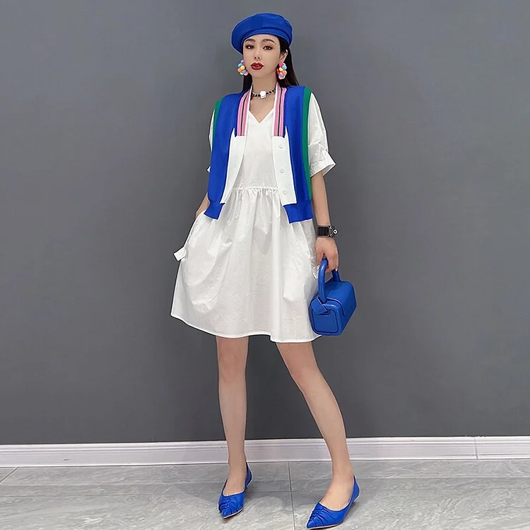 Fashion Loose V-neck False Colorful Cardigan Short Sleeve Dress      