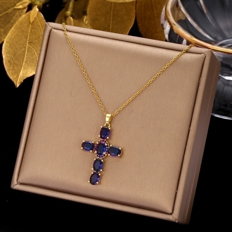 2 Pieces Ethnic Style Cross Stainless Steel Inlay Zircon Pendant Necklace