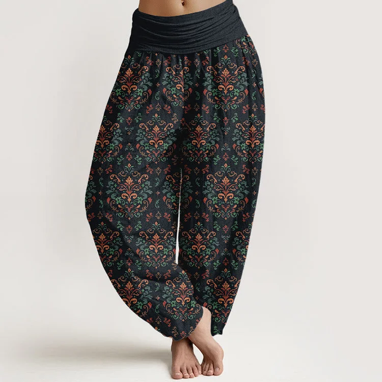 Cotton Retro Symmetrical Flower Leaf Pattern Women's Elastic Waist Harem Pants