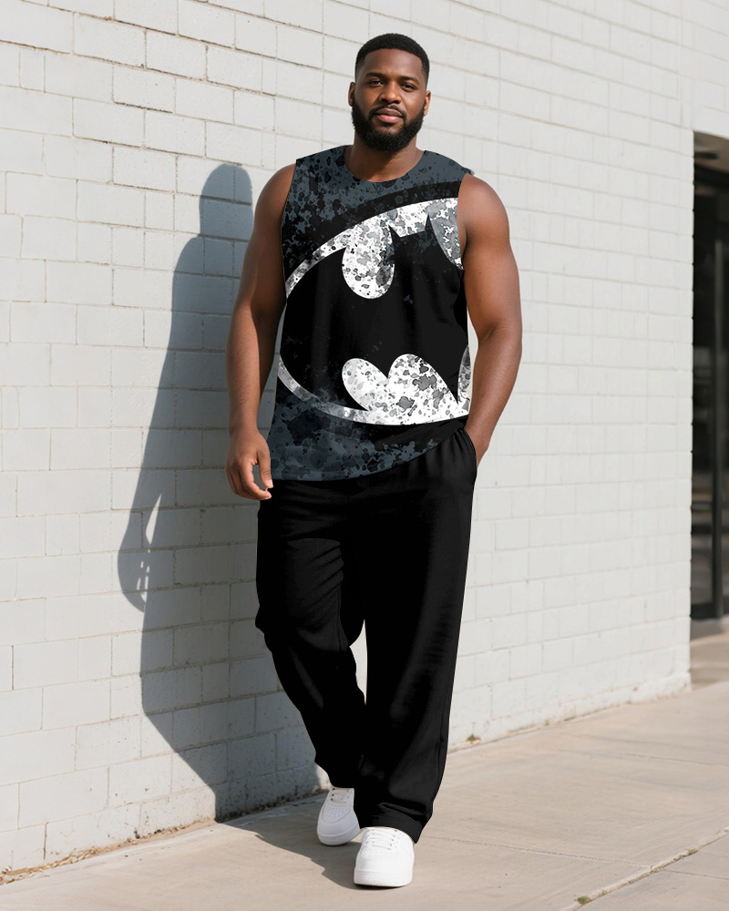 Big & Tall Men's Grey Abstract Teeth Graffiti Print Vest Trousers Suit