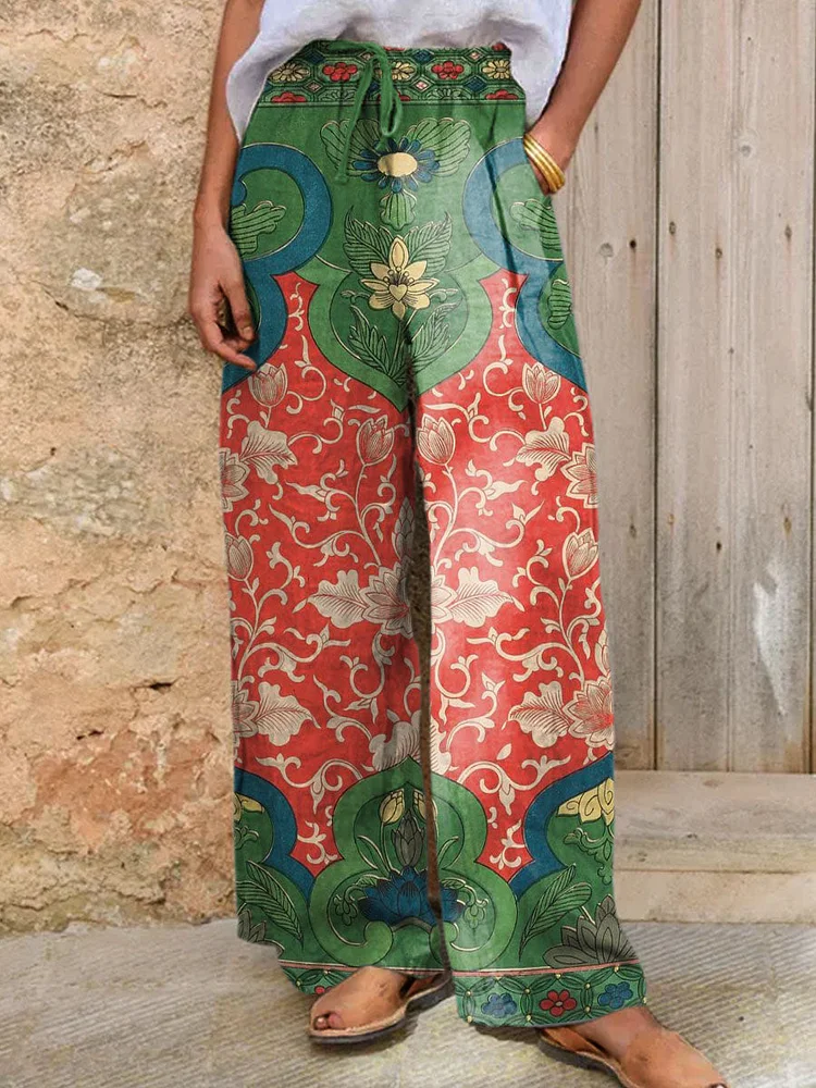 Women's Vintage Floral Art Printed Cotton And Linen Casual Pants