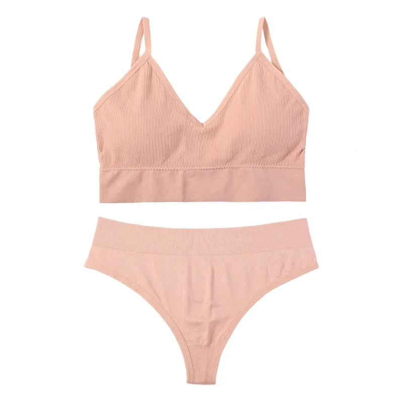 Women Push Up Bra Set Sexy Thong Low Waist Panties Meet'r Wire Free Bralette Lingerie Pad Brassiere Cotton Female Underwear Set