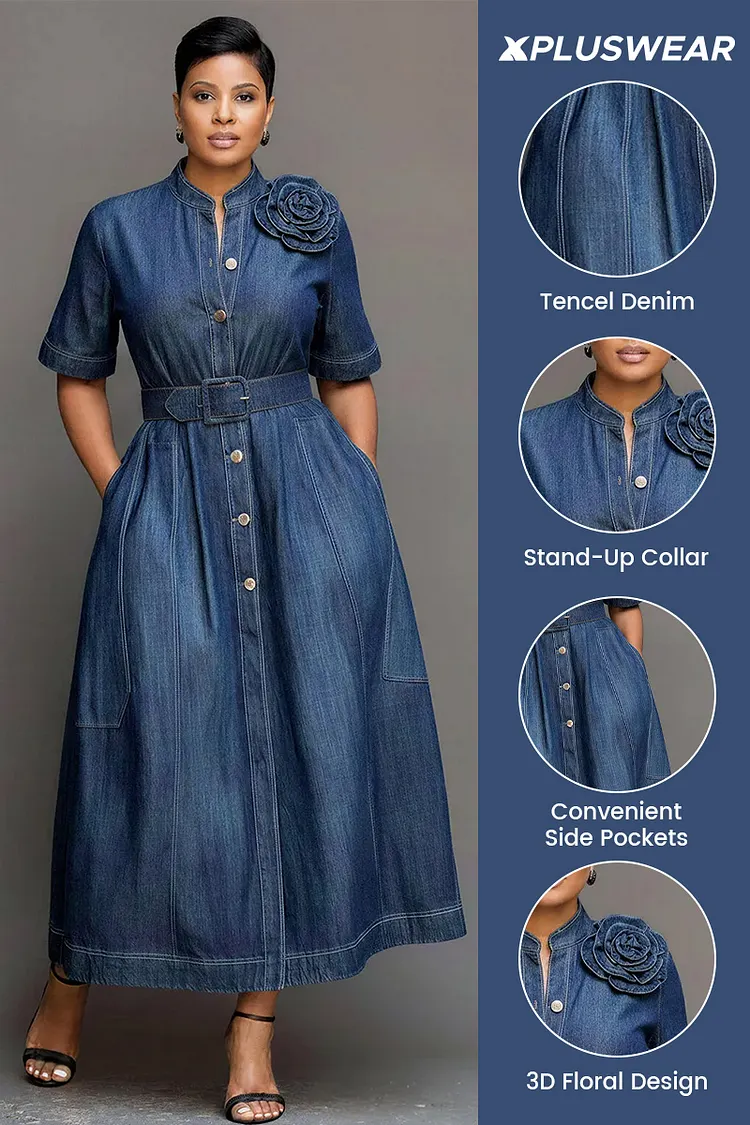 Xpluswear Design Plus Size Business Casual Casual Blue Stand-Up Collar Short Sleeve 3D Pocket Tencel Denim Maxi Dresses Blue-2XL/18-20 Xpluswear Design Plus Size Business Casual Casual Blue Stand-Up Collar Short Sleeve 3D Pocket Tencel Denim Maxi Dresses Blue-2XL/18-20