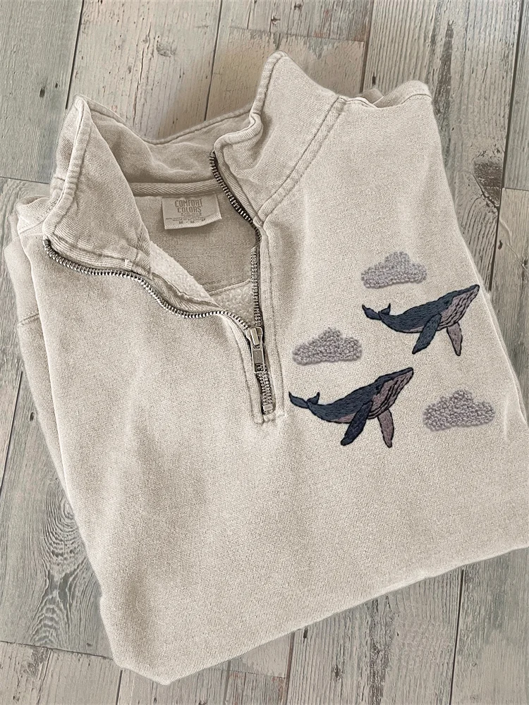 Whales & Clouse Embroidery Art Zip Up Sweatshirt