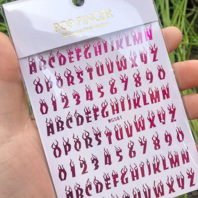 Laser Alphanumeric 10 Color Nail Sticker Decoration 3D Burning Alphabet Arabic Numerals Nail Slider Decal Manicure Accessories