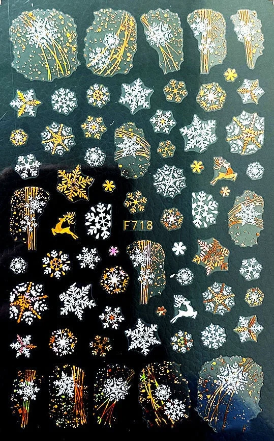 Christmas SnowflakeGold 3D Nail Stickers Sparkly iridescent Silver Xmas Tree Elk Deer Transfer Sliders Winter Nails Accessories-Nail Inspo