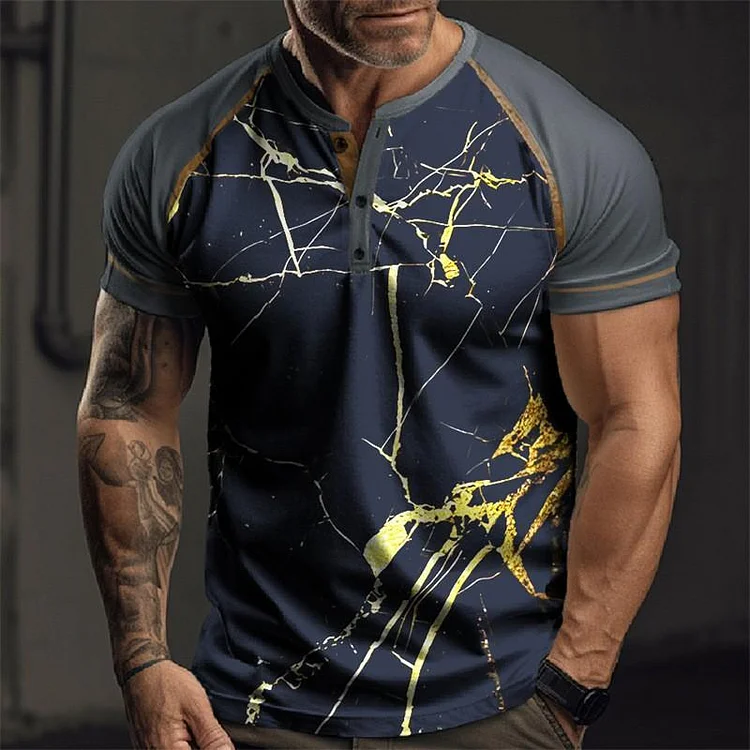 Men's Colorblock Print Loose Short Sleeve Henley T-Shirt 70738420X