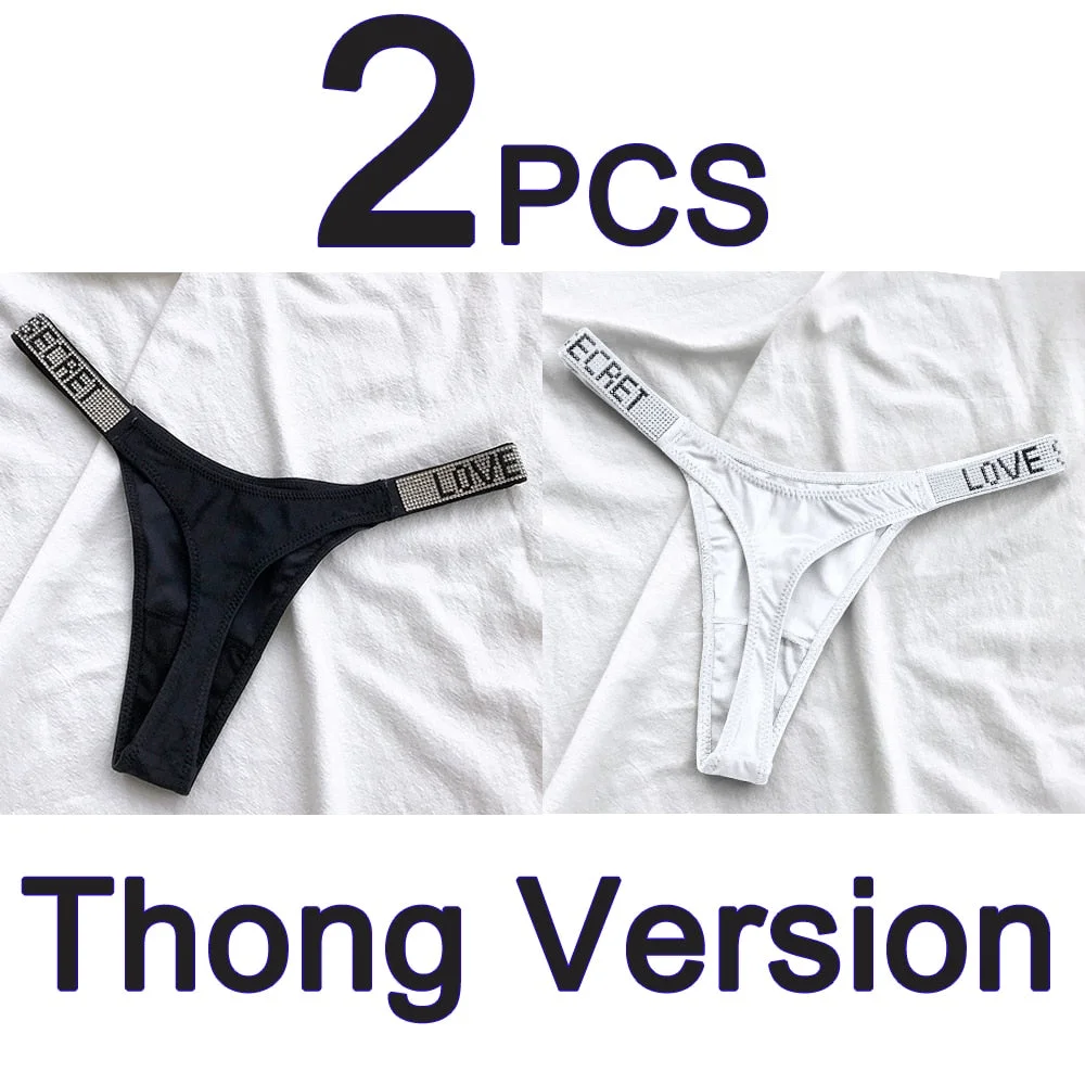2PCS Sexy Low Waist Panties G String Comfort Satin Underwear Women Rhinestone High Fork Thong Seamless Intimates Lingerie Cotton