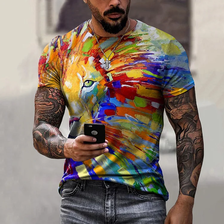 BrosWear Men'S Lion Oil Painting Short Sleeve T-Shirt