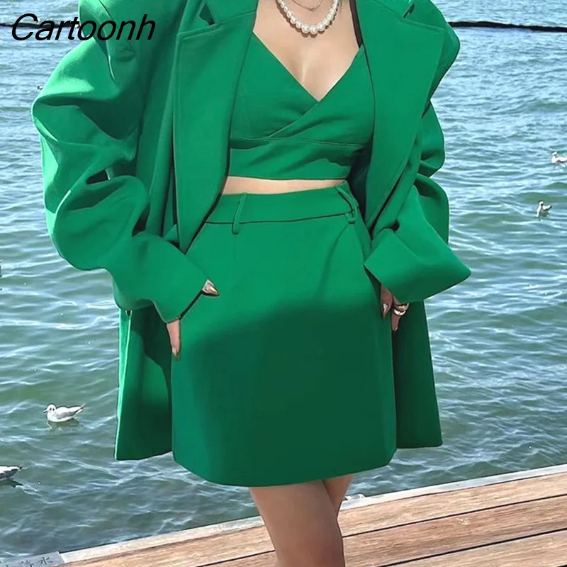 Cartoonh Stylish Ladies 3 Pieces Skirts Set Full Sleeve Suit Jackets & Slim Skirts & Camisole Elegant Solid Women Blazer Suits