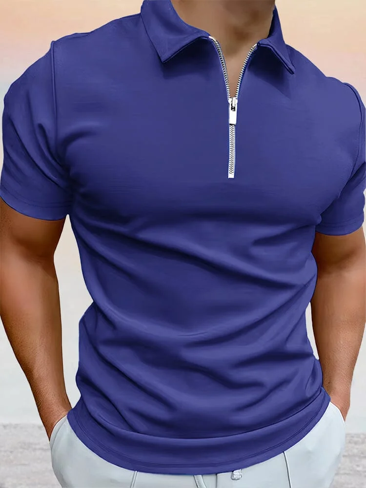 Zipper Solid Short Sleeve Polo Shirt QueenFunky