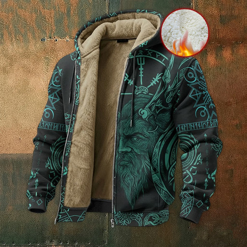 Men's Viking Raven Rune Fleece Lined Warmth Zipper Jacket elevenforest