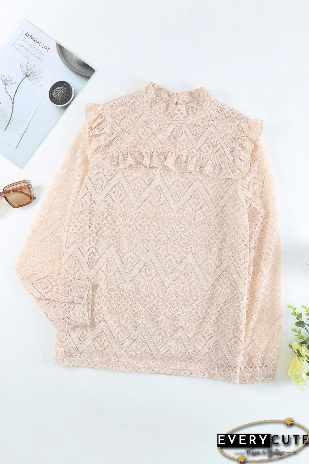 Lace Crochet Ruffle Hollow-out Long Sleeve Top