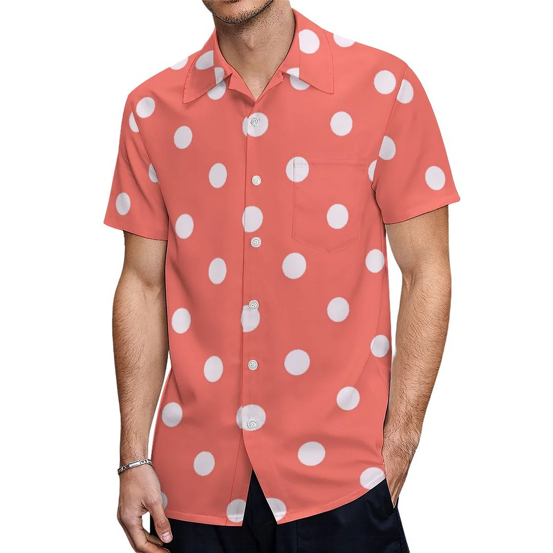 Short Sleeve Coral Polka Dots Hawaiian Shirt Mens Button Down Plus Size Tropical Hawaii Beach Shirts