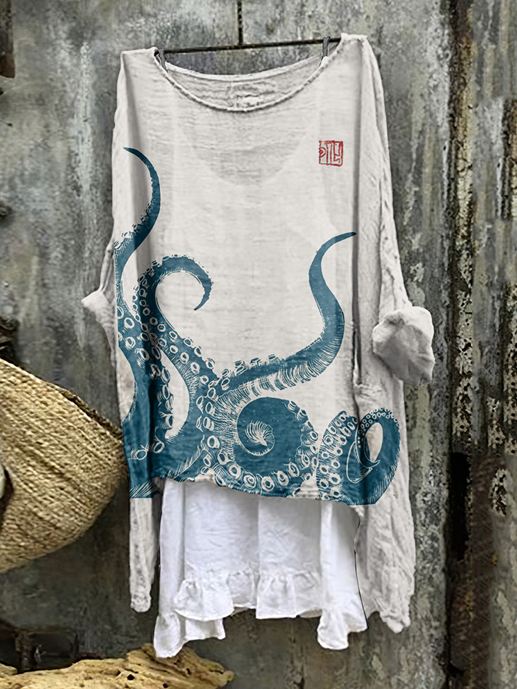 Comstylish Vintage Japanese Art Octopus Cozy Linen Blend Shirt