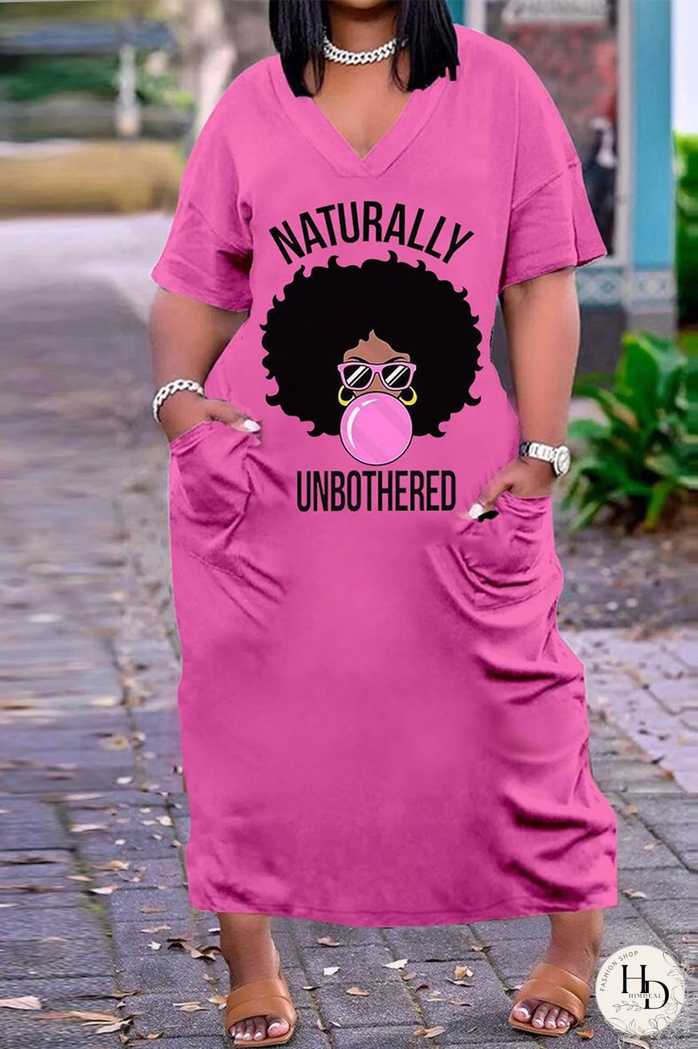 Rose Red Fashion Casual Plus Size Print Basic V Neck Short Sleeve Dress
