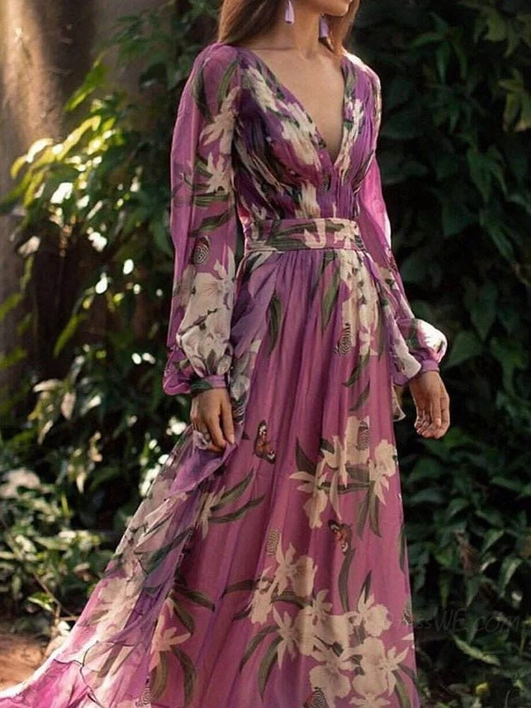 Grosfairy Summer Women V Neck Long Sleeve Flroal Print Purple Dress 2021 New Prom Robe Holiday Beach Vestido