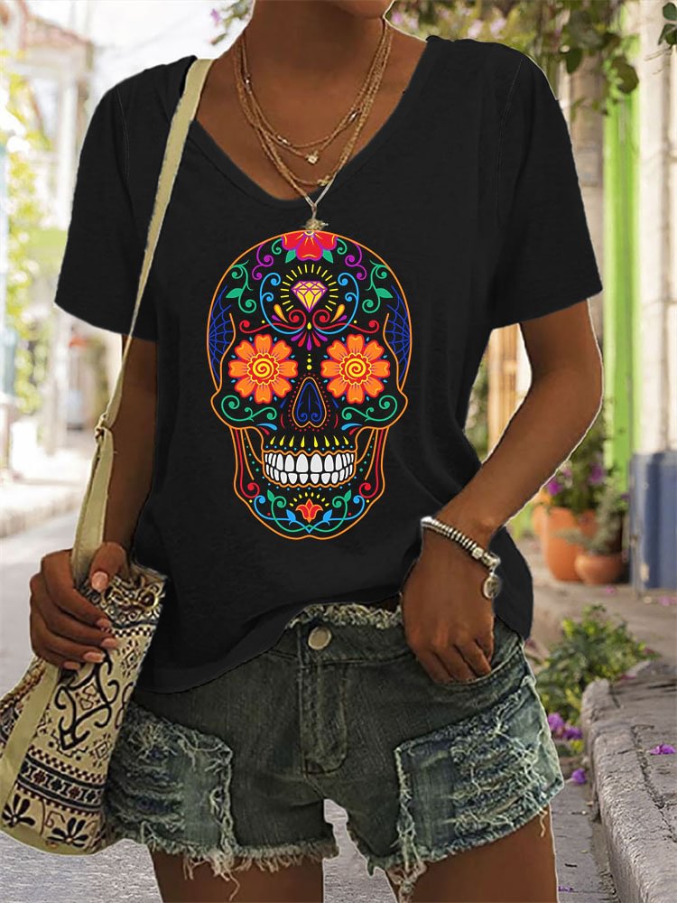 Colorful Sugar Skull Print Comfy T Shirt