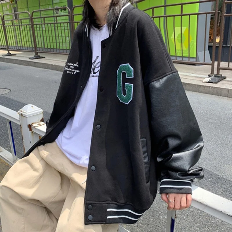 College Bomber Jacket Women Coats Hip-Hop Baseball Harajuku Streetwear Casual Outerwear Loose Stitching IG Style Varsity Jacket