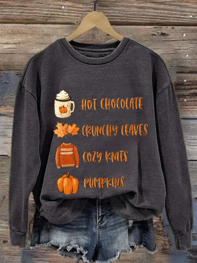 Women's Hot Chocolate Crunchy Leaves Cozy Knits Pumpkins Print Casual Sweatshirt