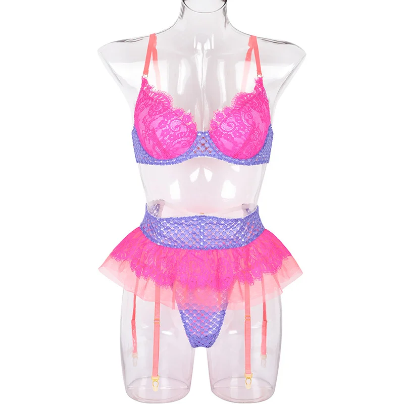 Billionm Sexy Lingerie Women Patchwork Pink Push Up Bra and Panty Underwear Hollow Out Fishnet Intimate Sex Ropa Interior Femme Costume