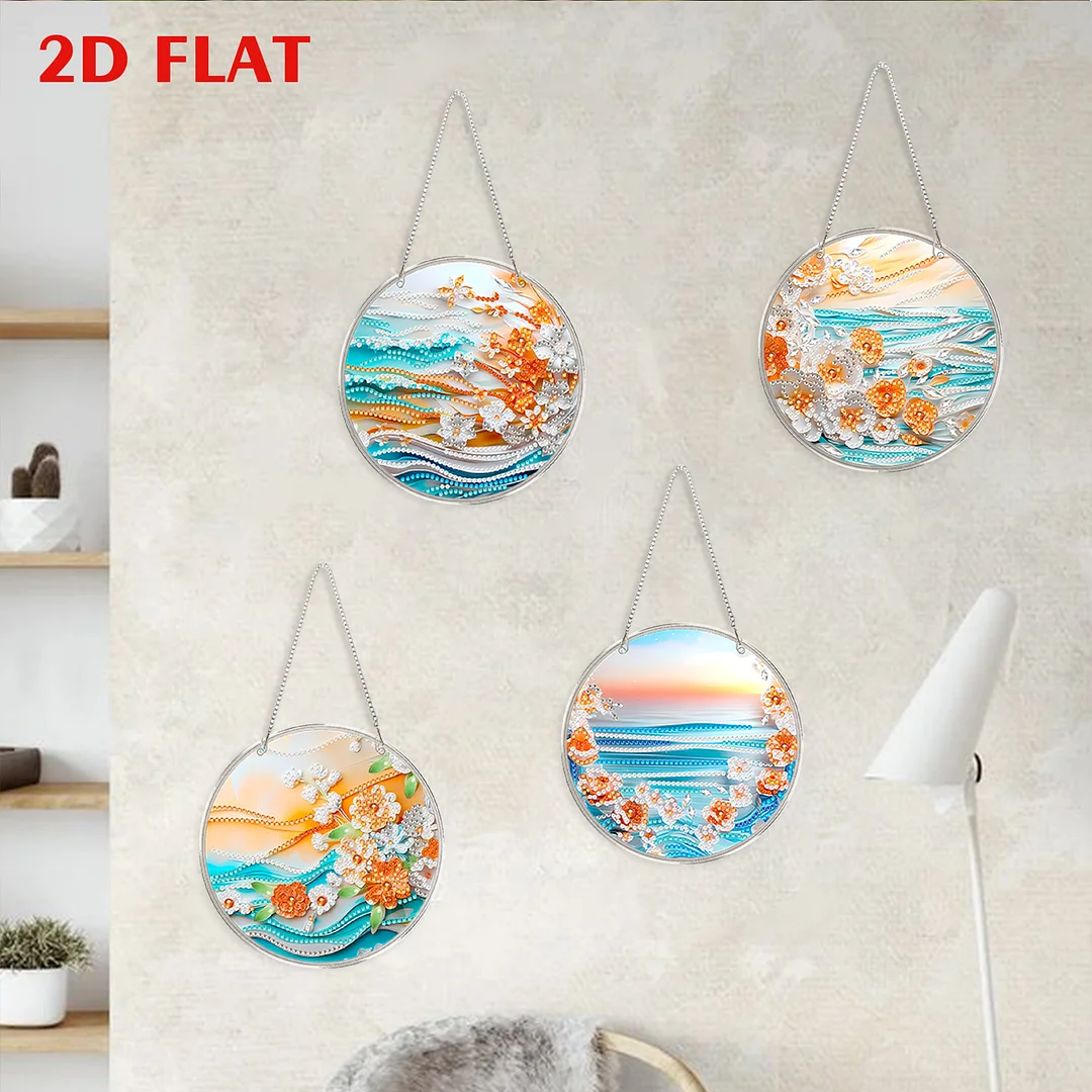 4pcs Beach Flowers DIY 2D Flat Acrylic Diamond Painting Kits Diamond Art Pendant