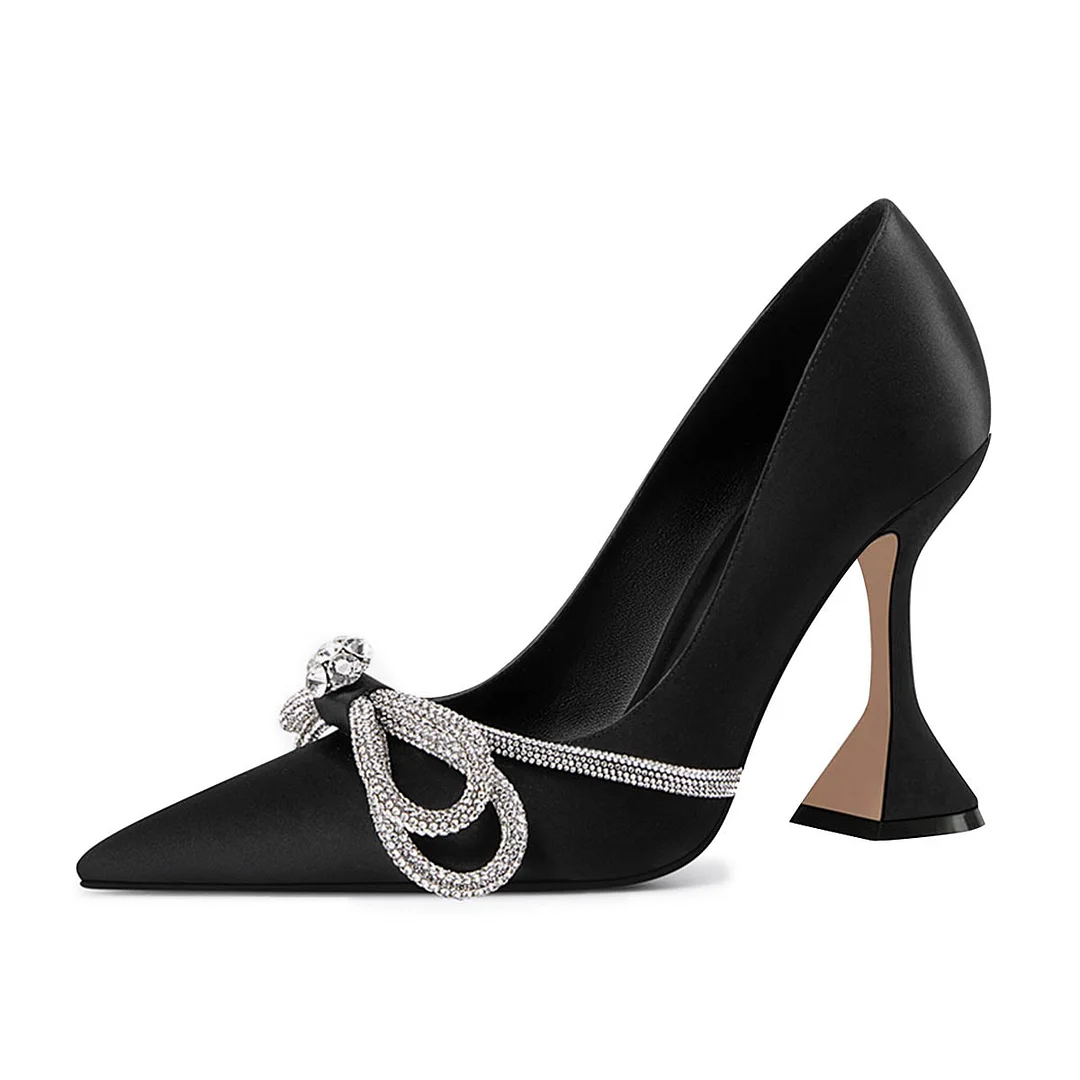 Satin Pumps Shoes Rhinestone Bow Pointed Toe Black High Heels
