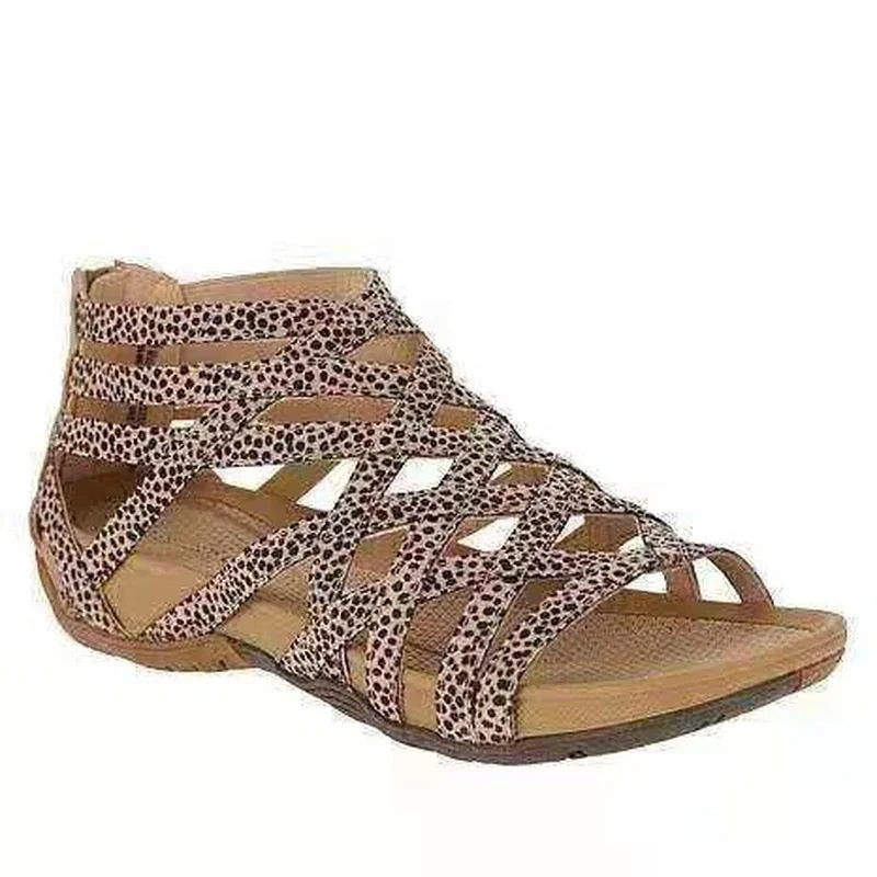 Summer Women Shoes 2021 Leopard Round Toe Hollow Wedges Sandals Casual Closed Toe Flat Rome Sandals Zapatillas Mujer