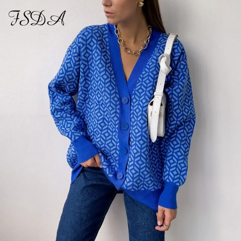 FSDA Autumn Winter Blue Knitted Cardigan Women V Neck Long Sleeve Fashion Sweater Casual Oversized Loose Top 2021
