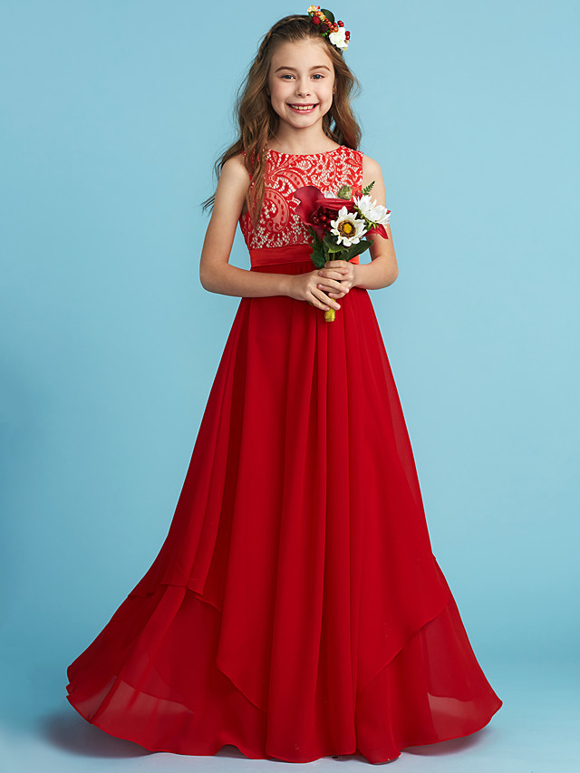 Bellasprom Sheath Column Jewel Neck Flower Girl Dress Floor Length Chiffon Lace With Sash Ribbon Appliques Bellasprom