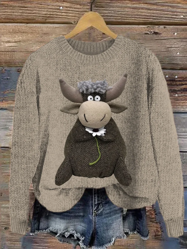 VChics Flower Muppet Cow Print Crew Neck Sweater
