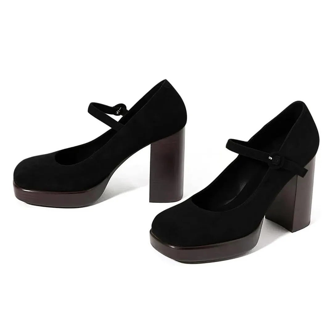 Women's Black Square Toe Chunky Heel Buckled Mary Jane Platform Shoes