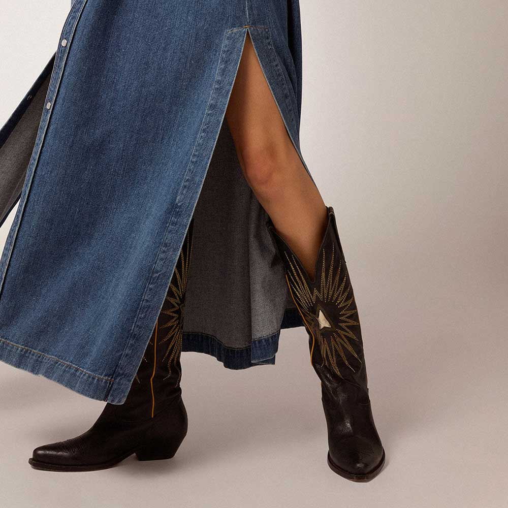 Black Snip Toe Chunky Heel Mustard Embroidered Knee High Cowgirl Boots Nicepairs