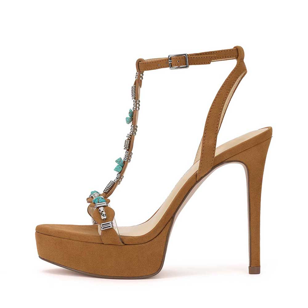 Brown Faux Suede Round Toe 5'' Stiletto Heel T-Strap Platform Sandals Nicepairs