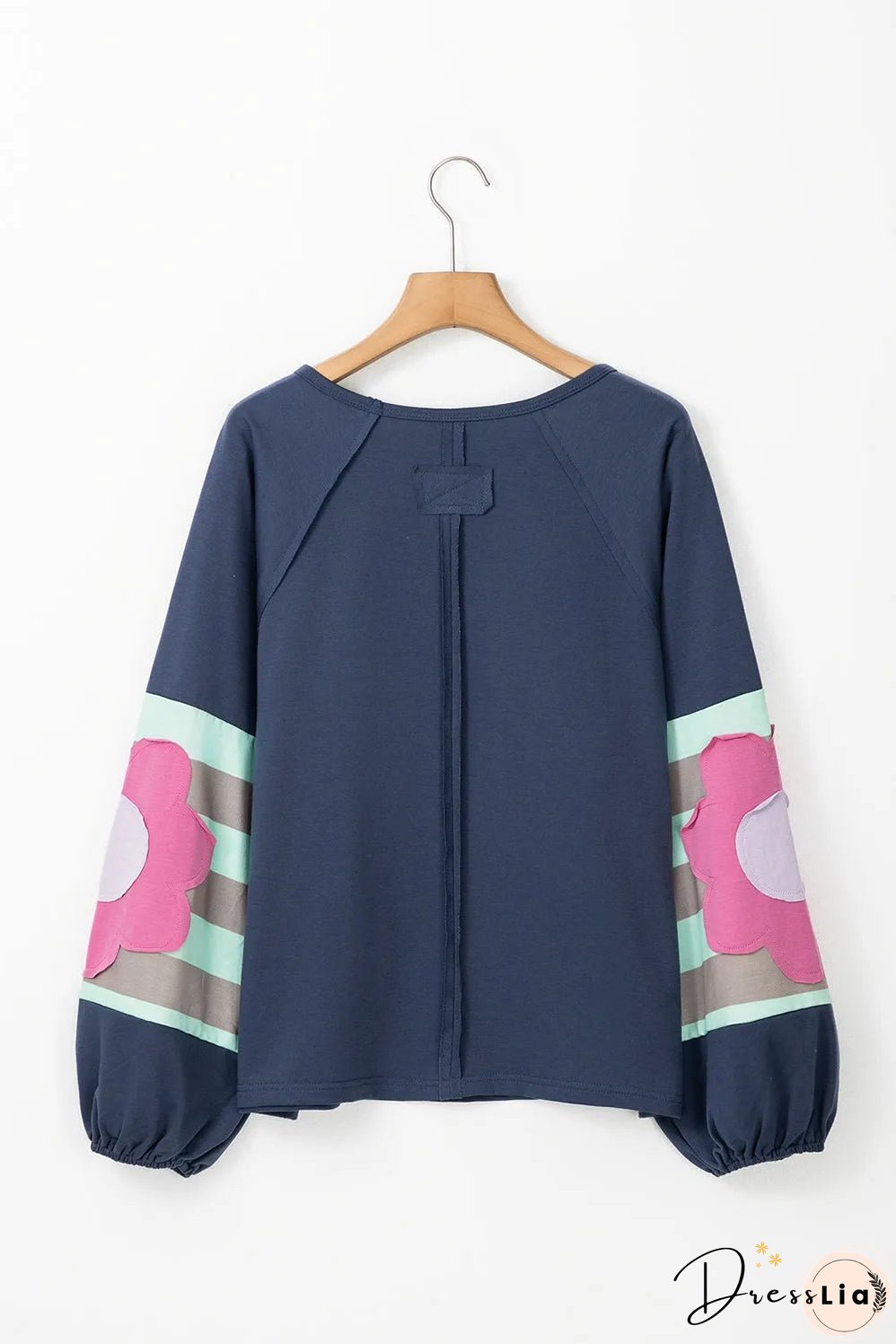 Sail Blue Flower Patchwork Raglan Sleeve Exposed Seam Oversized Top