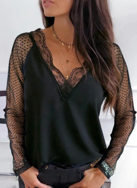 Solid Lace V-neck Long Sleeves Elegant Blouses-Allyzone-Allyzone