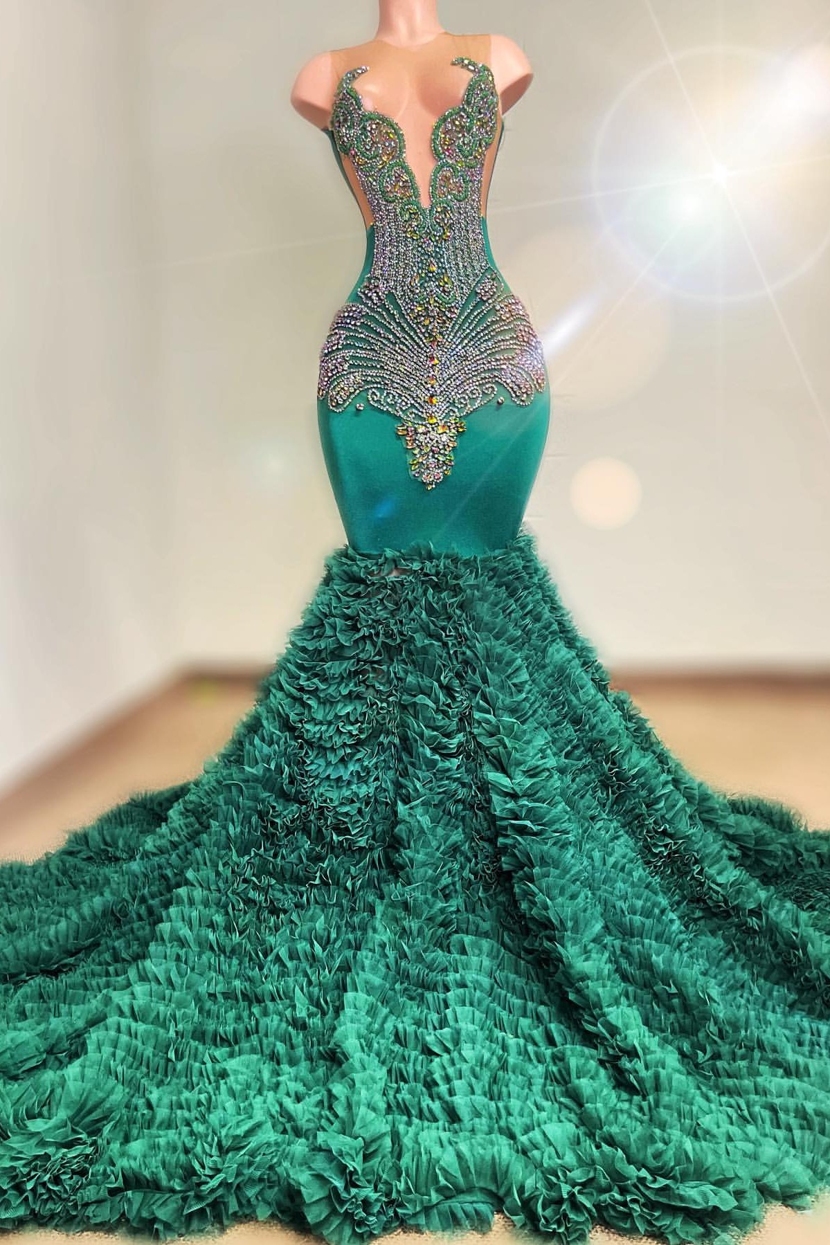 Dresseswow Jade Sleeveless Mermaid Prom Dress With Crystal Tulle Ruffles