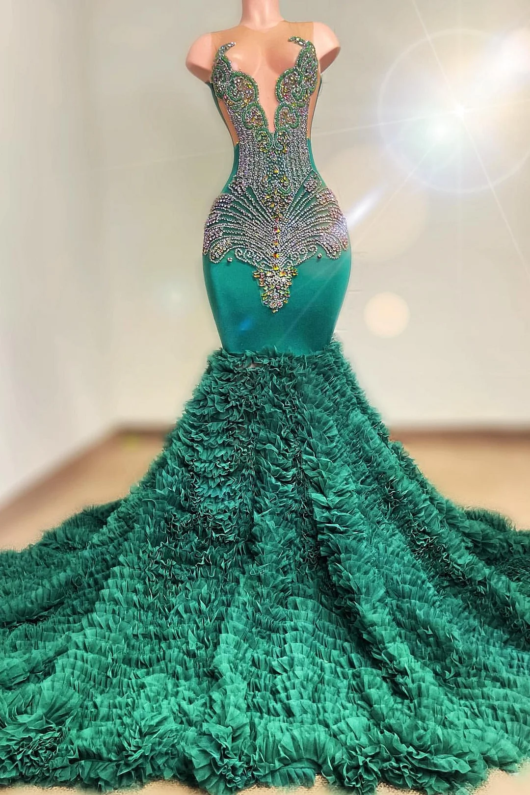 Beaded Luxurious Dark Green Mermaid Prom Dress With Rhinestones | Ballbellas Ballbellas