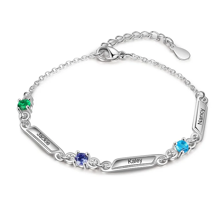 Personalized 3 First Name Bracelet with 3 Birthstones