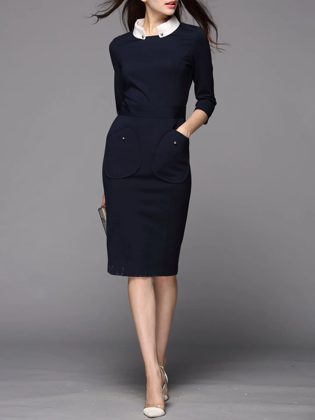 Stand Collar Midi Dress Sheath Daytime 3/4 Sleeve Pockets Dress
