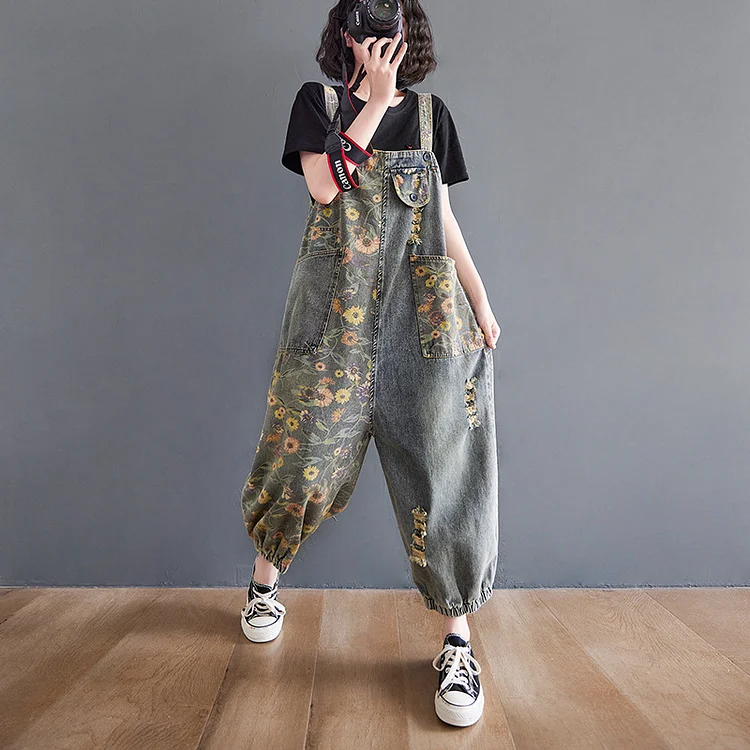 Literary Printed Denim Jumpsuit