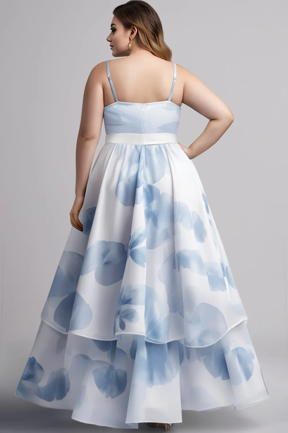 Flycurvy Plus Size Wedding Guest Light Blue Organza Wrap Asymmetrical Hem Maxi Dress