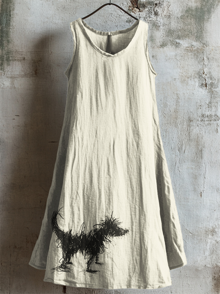 Comstylish Fuzzy Dog Line Painting Linen Tank Dress